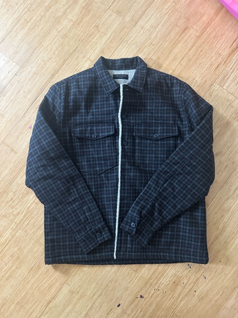 AllSaints Black Plaid Sherpa-Lined Shirt Jacket